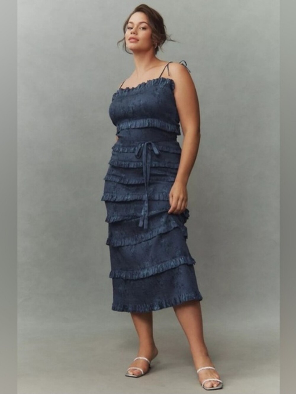 V. Chapman Lily Printed Ruched & Ruffled Stretch Midi Dress in Navy Bouquet New